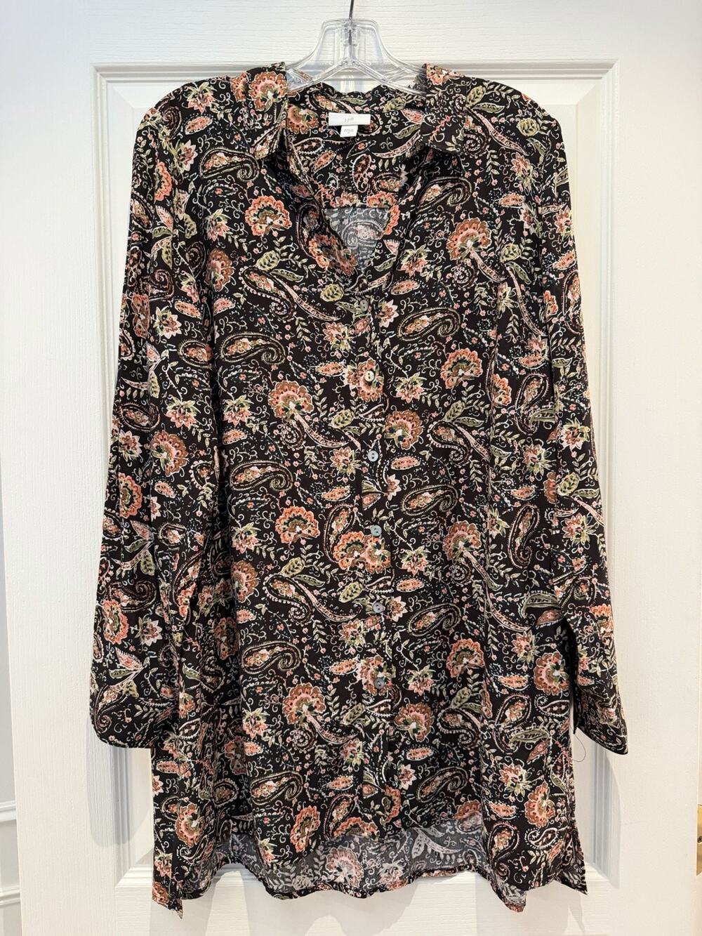 J. Jill Black Floral Paisley Button Up Tunic Top Long Sleeve Pockets Size M